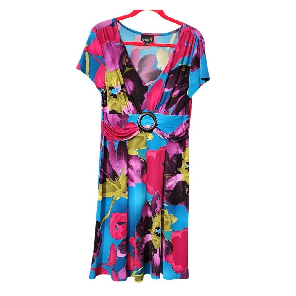 Scarlett Women's Floral V-Neck Dress Blue Pink O-Ring Empire Waist, 12